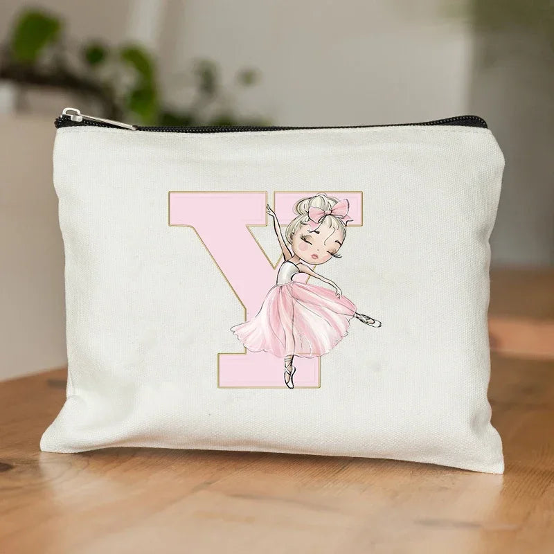 Ballet Girls Makeup Pouch Bags A-Z Initial Make Up Cosmetic Organizer Dance Girl Travel Toilet Clutch Wedding Bridesmaid Gifts