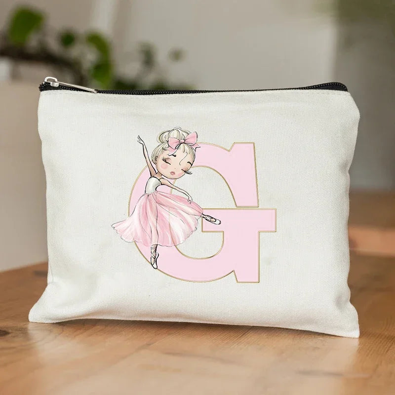 Ballet Girls Makeup Pouch Bags A-Z Initial Make Up Cosmetic Organizer Dance Girl Travel Toilet Clutch Wedding Bridesmaid Gifts