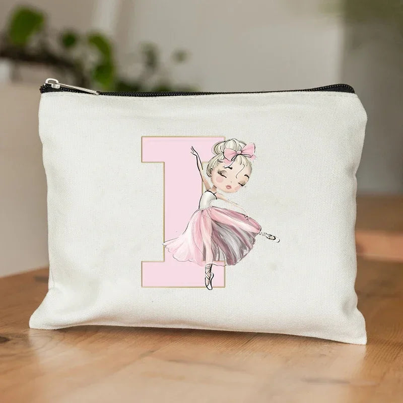 Ballet Girls Makeup Pouch Bags A-Z Initial Make Up Cosmetic Organizer Dance Girl Travel Toilet Clutch Wedding Bridesmaid Gifts