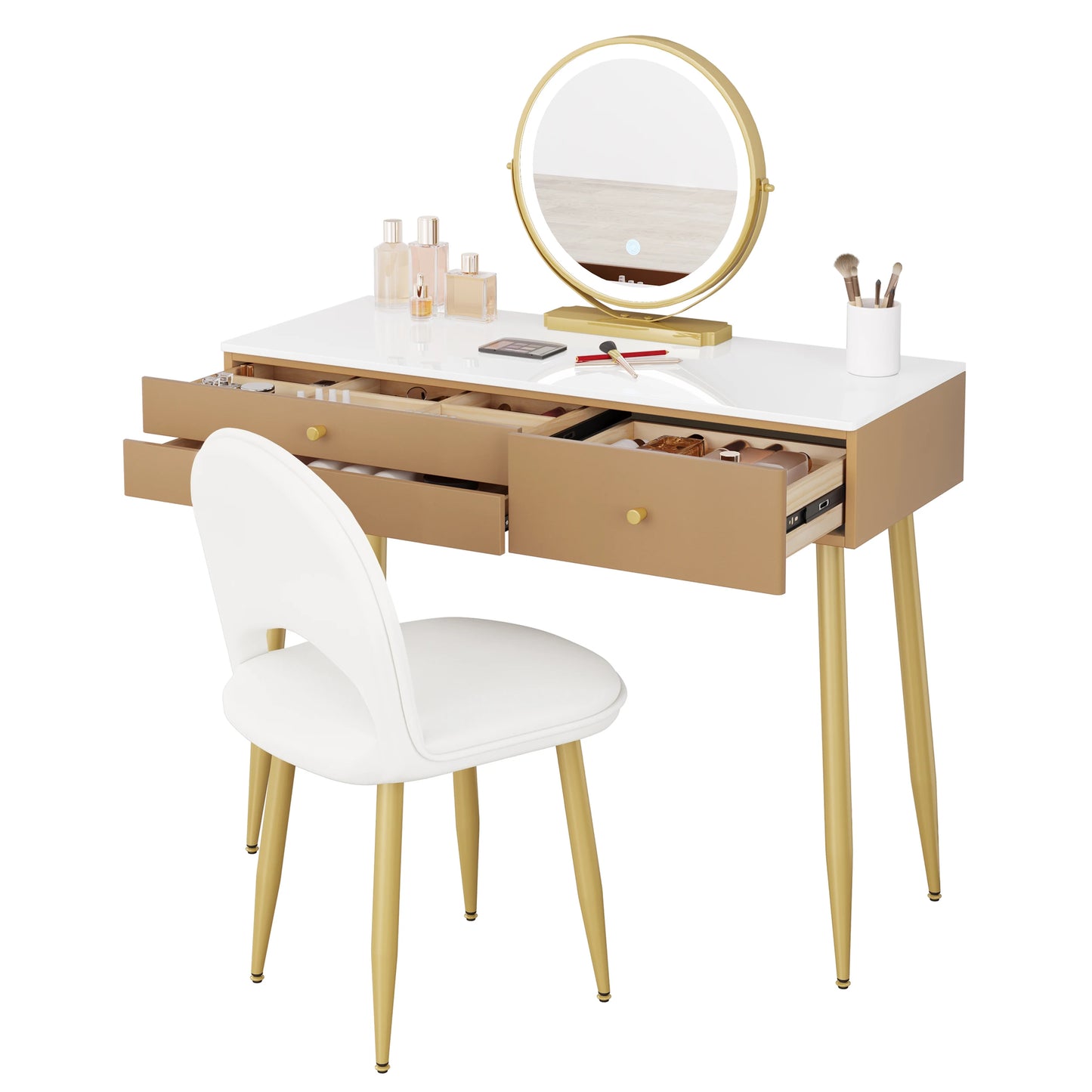 WOLTU 1SET Dressing Table with Lighting Adjustable LED Mirror Light 3 Drawers Vanity Cosmetic Make up Table Velvet Stool Bedroom