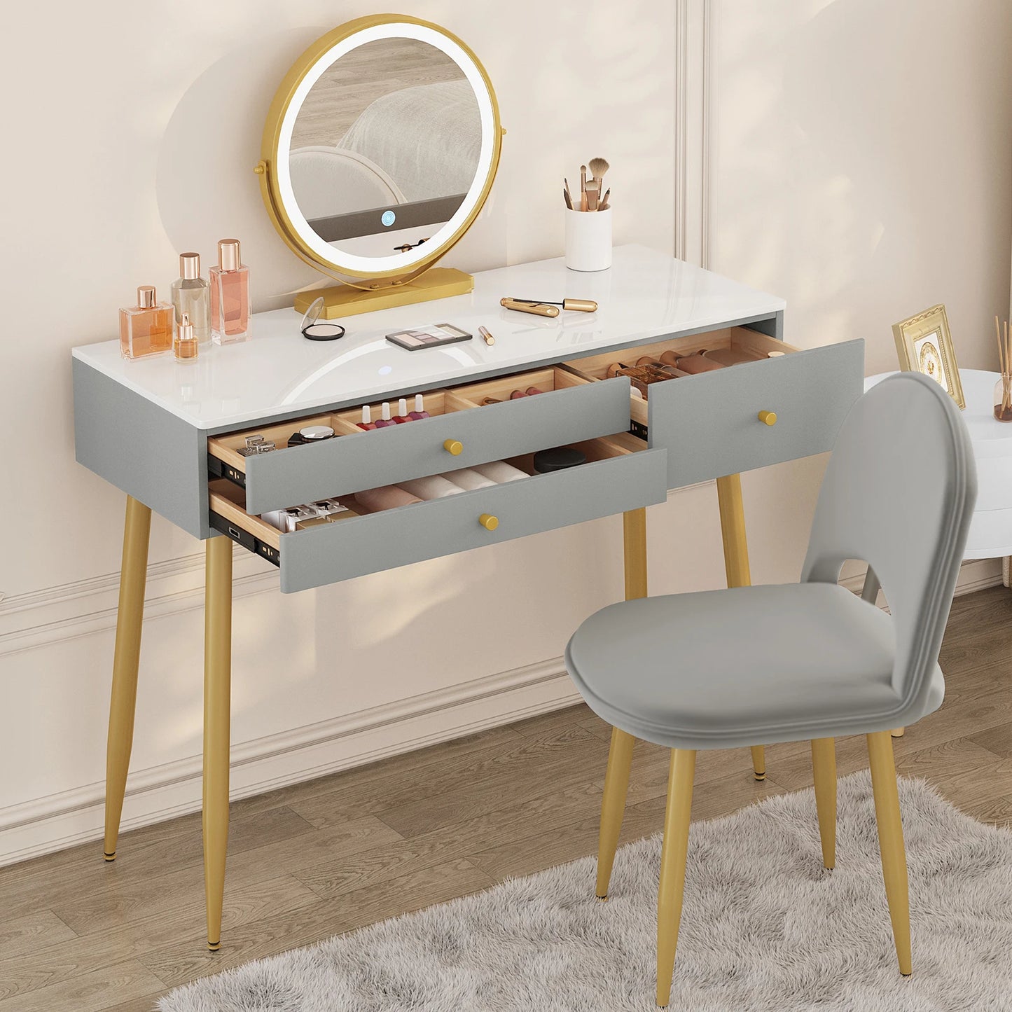 WOLTU 1SET Dressing Table with Lighting Adjustable LED Mirror Light 3 Drawers Vanity Cosmetic Make up Table Velvet Stool Bedroom