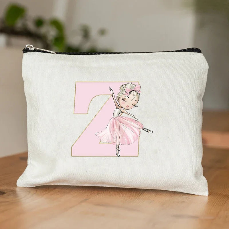 Ballet Girls Makeup Pouch Bags A-Z Initial Make Up Cosmetic Organizer Dance Girl Travel Toilet Clutch Wedding Bridesmaid Gifts