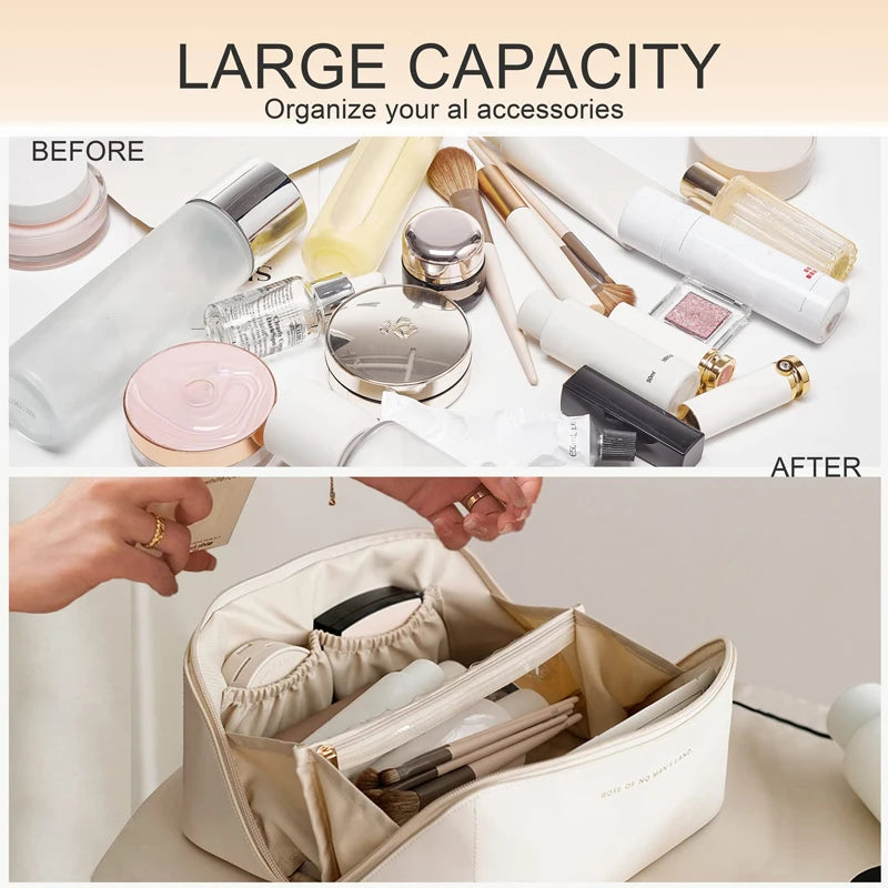 Large Travel Cosmetic Bag for Women Leather Makeup Organizer Female Toiletry Kit Bags Make Up Case Storage Pouch Luxury Lady Box