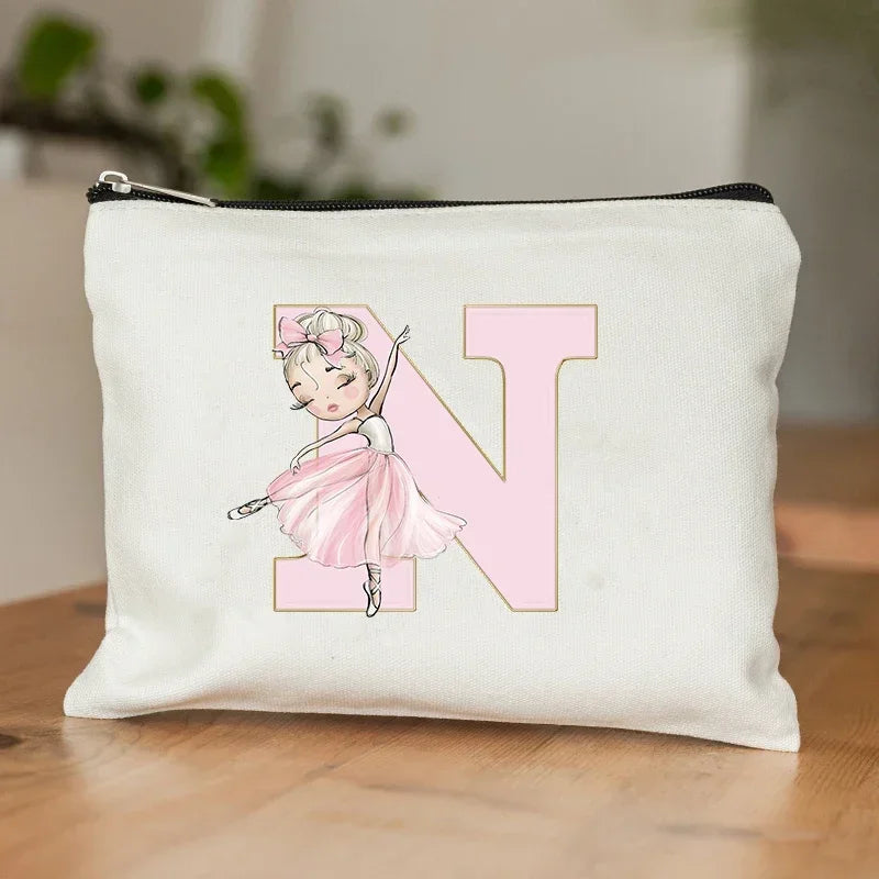 Ballet Girls Makeup Pouch Bags A-Z Initial Make Up Cosmetic Organizer Dance Girl Travel Toilet Clutch Wedding Bridesmaid Gifts