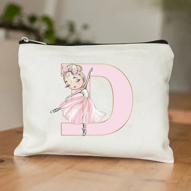 Ballet Girls Makeup Pouch Bags A-Z Initial Make Up Cosmetic Organizer Dance Girl Travel Toilet Clutch Wedding Bridesmaid Gifts