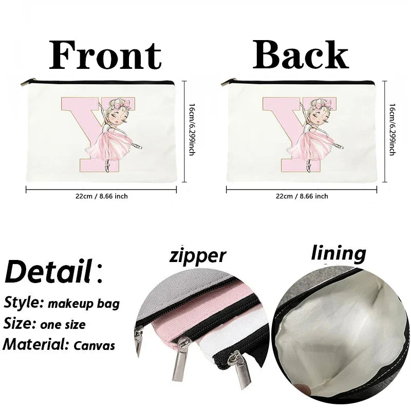 Ballet Girls Makeup Pouch Bags A-Z Initial Make Up Cosmetic Organizer Dance Girl Travel Toilet Clutch Wedding Bridesmaid Gifts