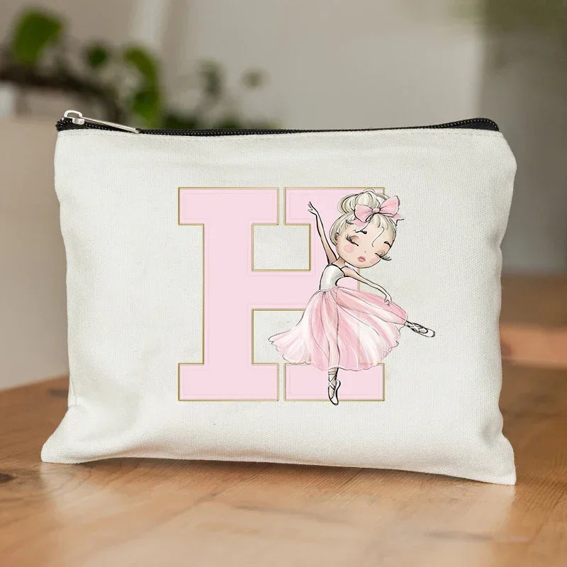 Ballet Girls Makeup Pouch Bags A-Z Initial Make Up Cosmetic Organizer Dance Girl Travel Toilet Clutch Wedding Bridesmaid Gifts