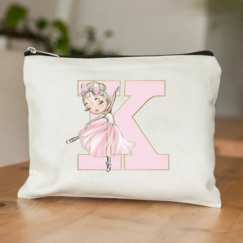 Ballet Girls Makeup Pouch Bags A-Z Initial Make Up Cosmetic Organizer Dance Girl Travel Toilet Clutch Wedding Bridesmaid Gifts