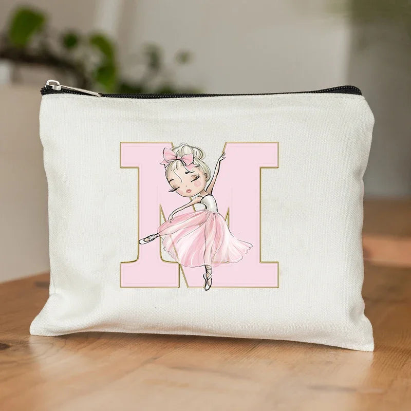 Ballet Girls Makeup Pouch Bags A-Z Initial Make Up Cosmetic Organizer Dance Girl Travel Toilet Clutch Wedding Bridesmaid Gifts